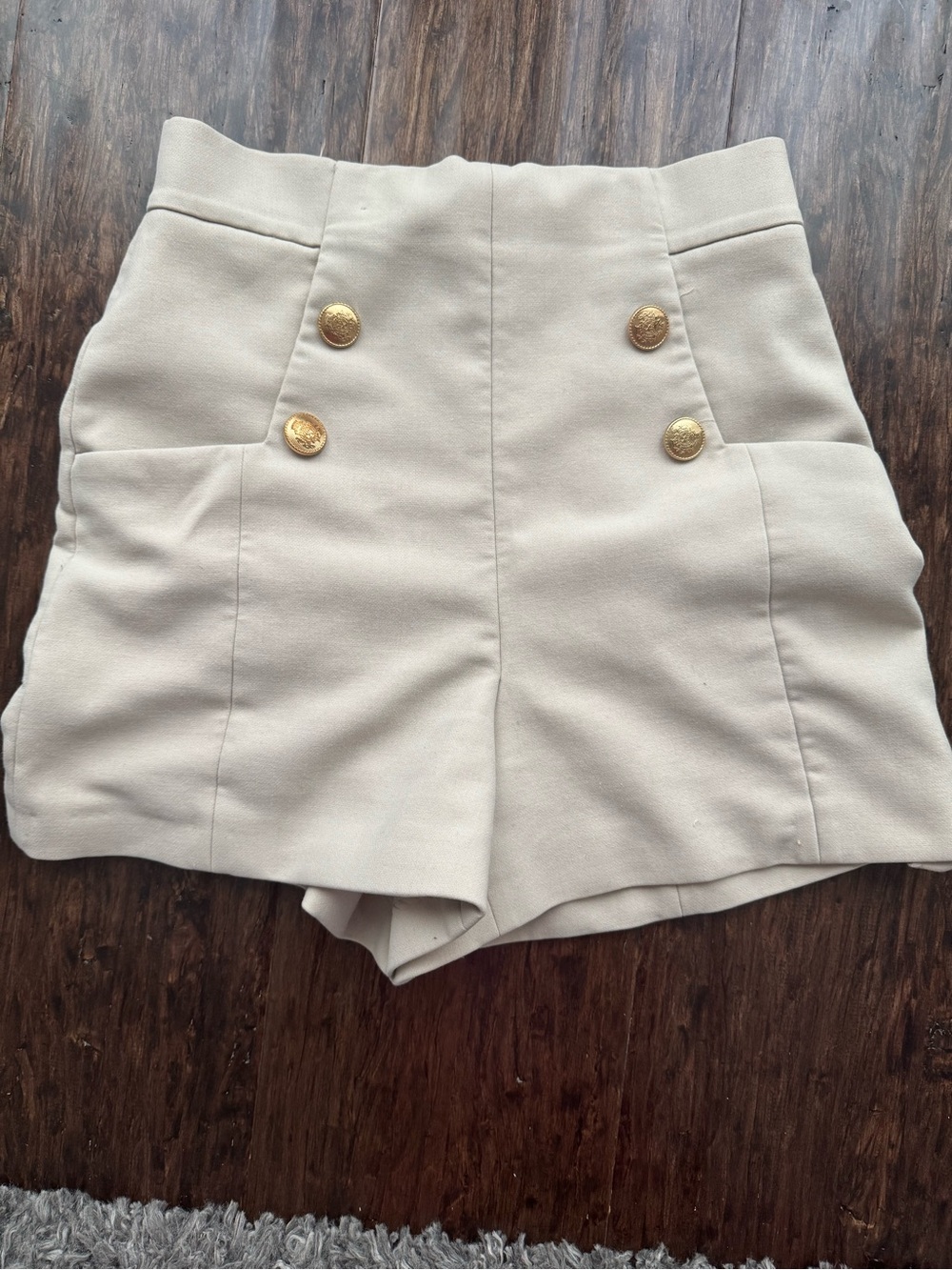Zara High-Waist Cream Shorts with Gold Buttons